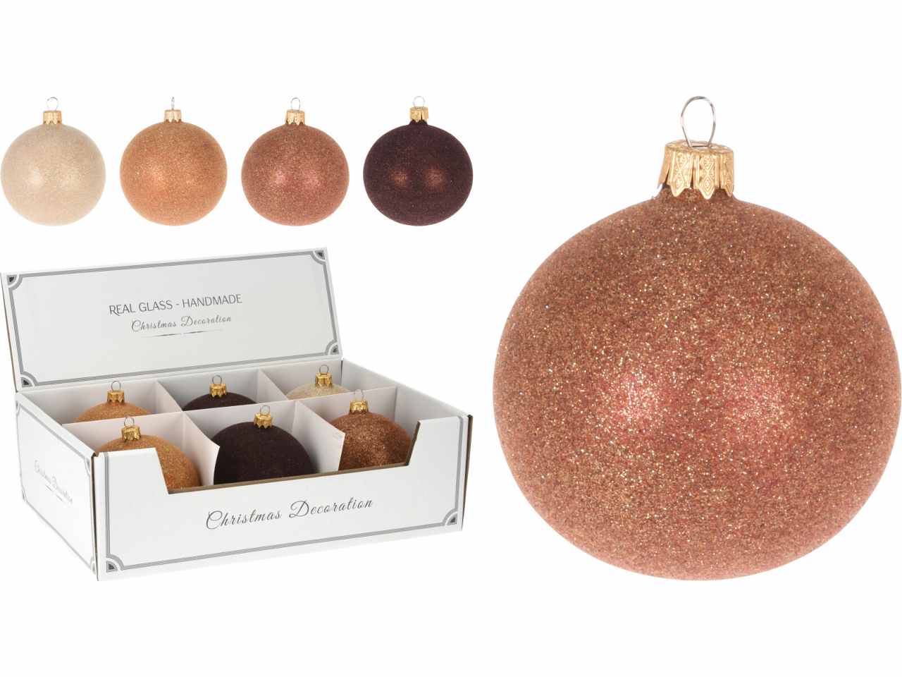 Sfera in vetro floccato d.100mm nei colori oro bianco e marrone