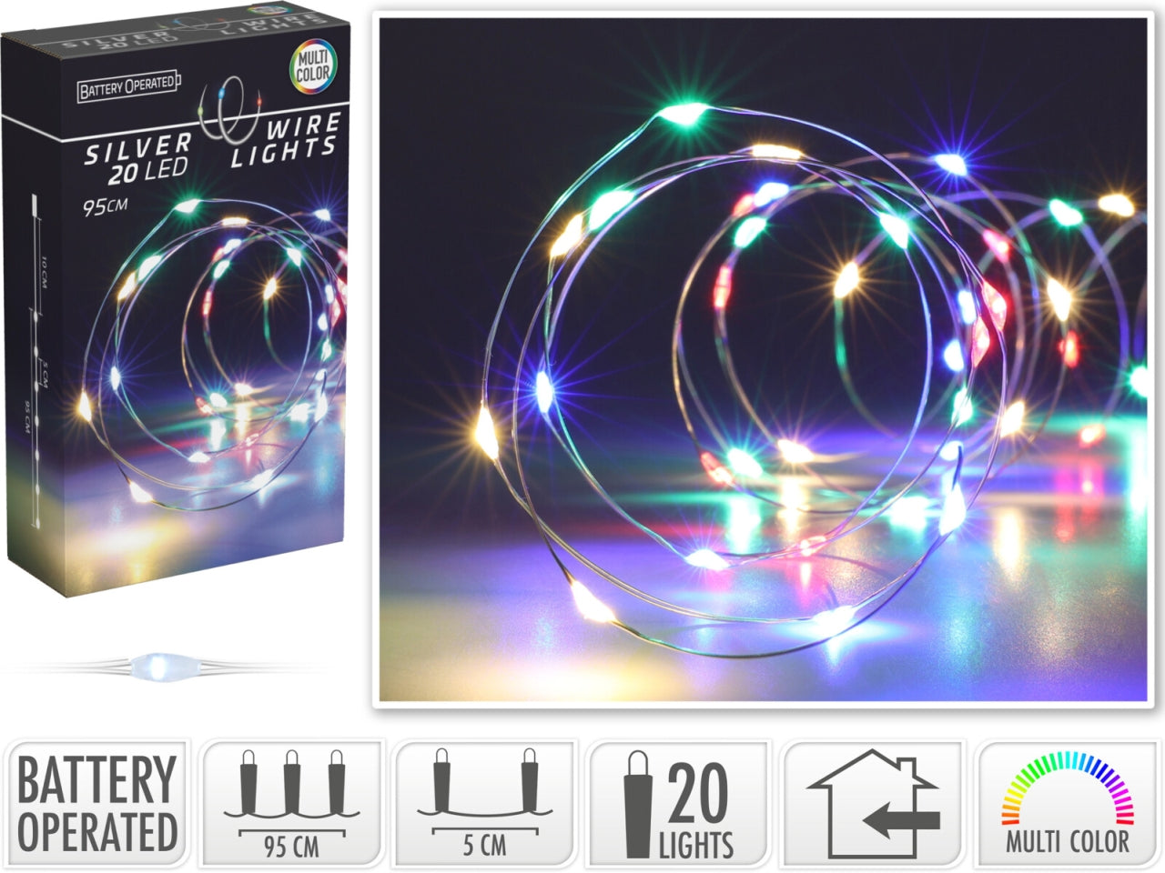 Cavo metallo argento 20 microled multicolor, distanza led 5cm, cavo guida 10cm, funzionamento a batteria (2x aa non incluse), per uso interno, in nuova scatola fotocolor