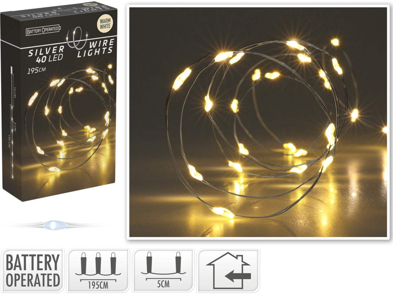Cavo metallo argento 40 microled bianco caldo, distanza led 5cm, cavo guida 10cm, funzionamento a batteria (3x aa non incluse), per uso interno, in nuova scatola fotocolor