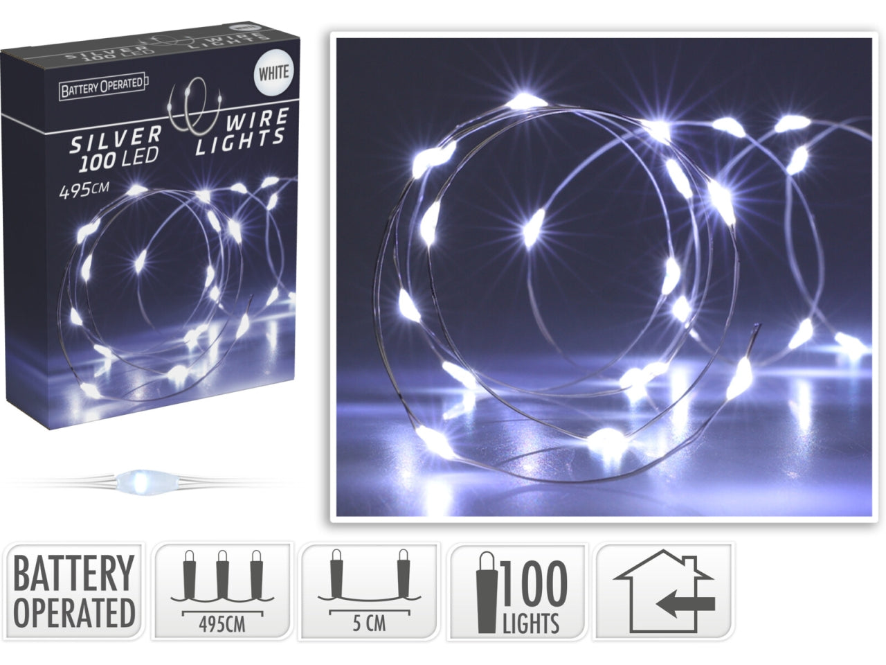 Cavo metallo argento 100 microled bianco freddo, distanza led 5cm, cavo guida 10cm, funzionamento a batteria (3x aa non incluse), per uso interno, in nuova scatola fotocolor