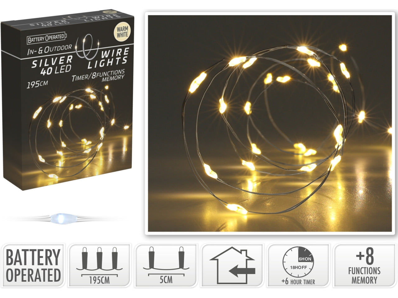 Cavo metallo argento 40 microled bianco caldo, distanza led 5cm, cavo guida 10cm, funzionamento a batteria (3x aa non incluse), con controller gioco luci 8 funzioni e timer per uso interno/esterno, in nuova scatola fotocolor e display con try me