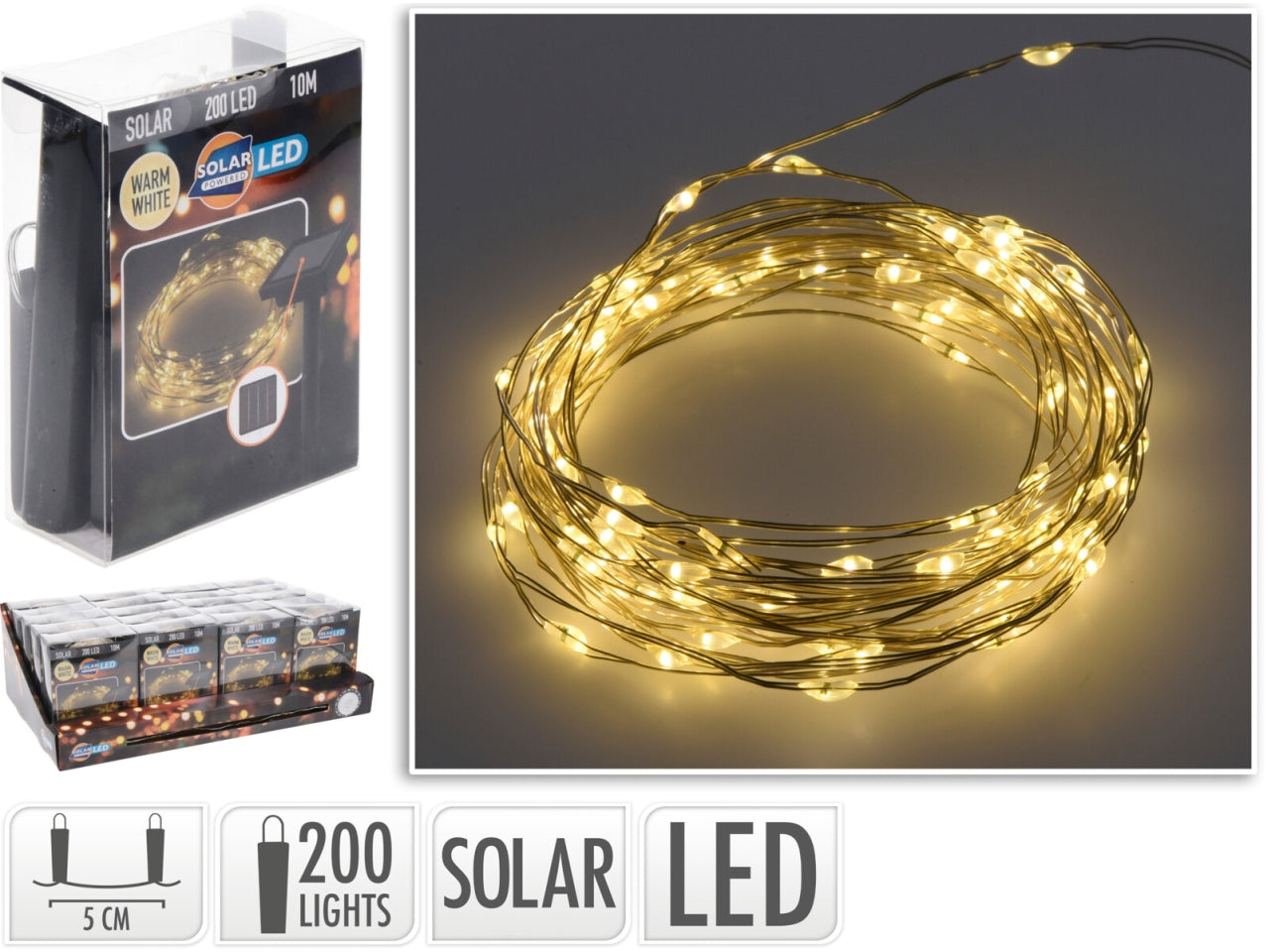 Catena luminosa solare da giardino LED bianco caldo - 200 microled con modalità illuminazione fissa, autonomia 6 ore - 12m - Koopman