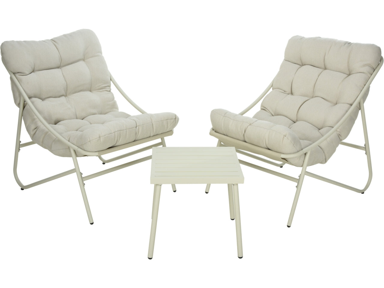 Set relax giardino in metallo e poliestere avorio stile moderno - include 2 poltrone con cuscini e 1 tavolo - poltrone: 65x80x94 cm - tavolo: 43x43x42cm - Koopman