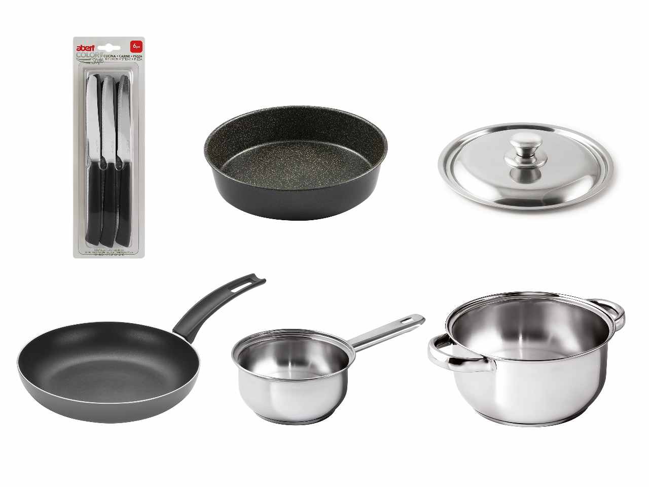 Batteria "classica" 11 pezzi composta da:
1 padella easy grigio d.24cm h.4,8cm
1 casseruola easy inox lt.0,7 d.14cm h.7
1 casseruola easy inox 2 manici lt.2 d.20cm h.9,8
1 coperchio easy per casseruola cm.20
1 forma torta alta d.26cm
6 coltelli co