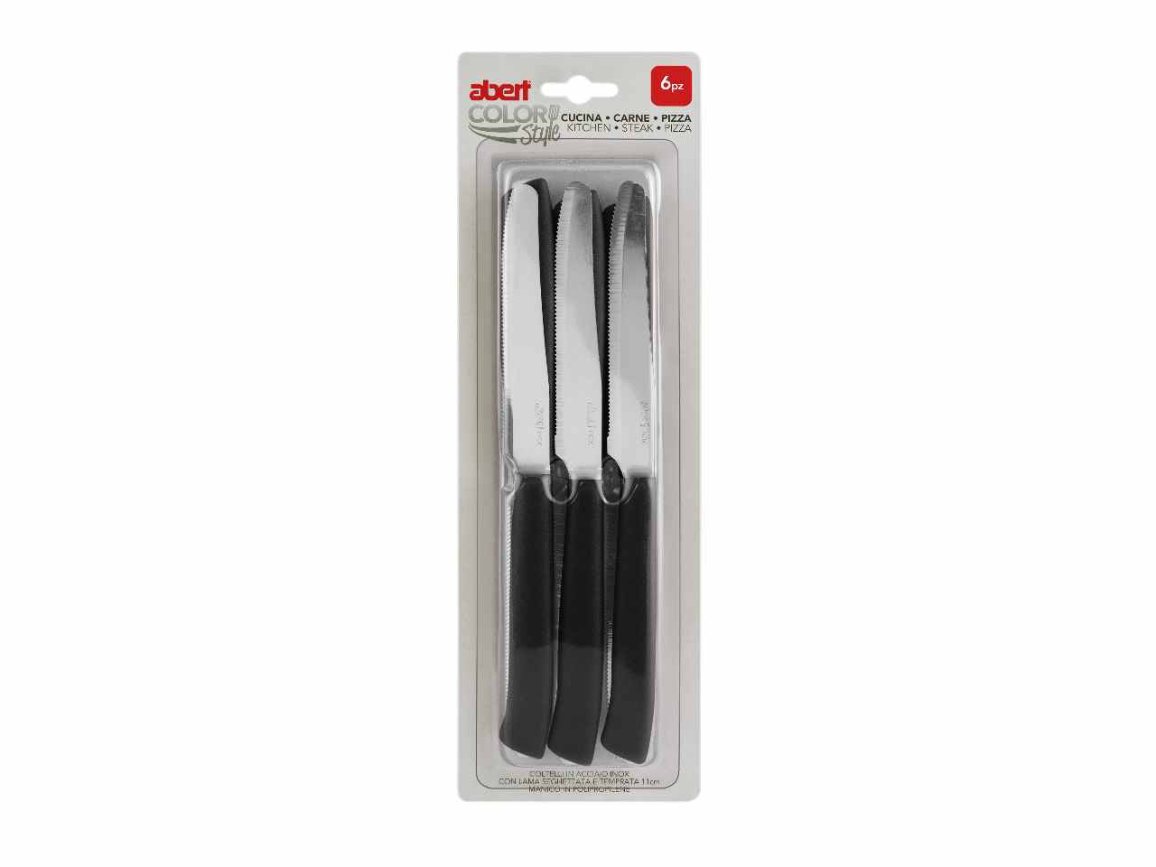 Batteria "classica" 11 pezzi composta da:
1 padella easy grigio d.24cm h.4,8cm
1 casseruola easy inox lt.0,7 d.14cm h.7
1 casseruola easy inox 2 manici lt.2 d.20cm h.9,8
1 coperchio easy per casseruola cm.20
1 forma torta alta d.26cm
6 coltelli co