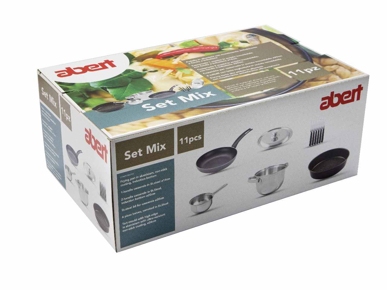 Batteria "classica" 11 pezzi composta da:
1 padella easy grigio d.24cm h.4,8cm
1 casseruola easy inox lt.0,7 d.14cm h.7
1 casseruola easy inox 2 manici lt.2 d.20cm h.9,8
1 coperchio easy per casseruola cm.20
1 forma torta alta d.26cm
6 coltelli co