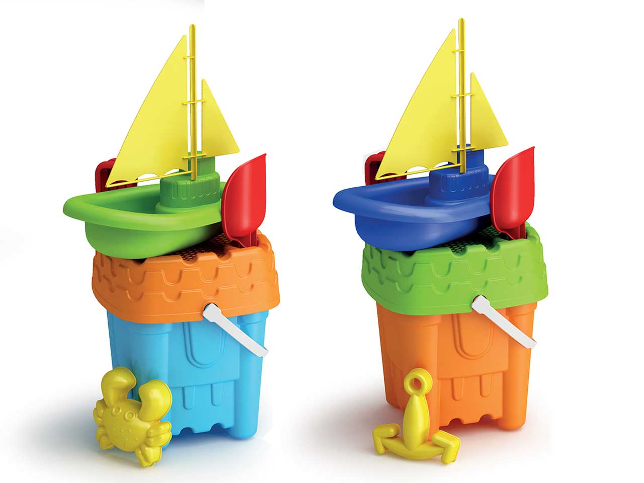 Secchiello castello set spiaggia con barchetta, formina, rastrello e paletta in plastica multicolor - Adriatic