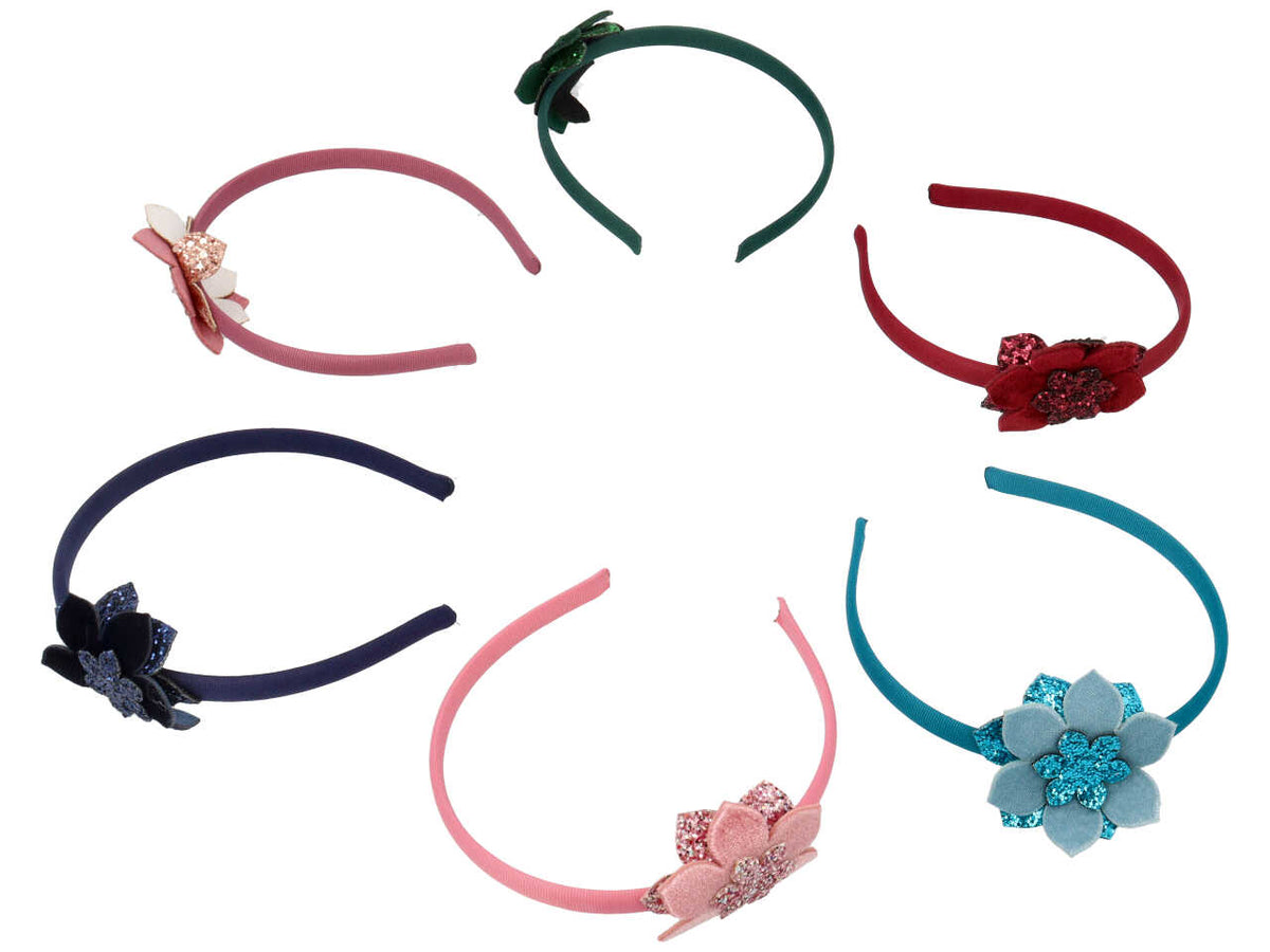 Cerchietto in lycra con fiore di velluto e glitter