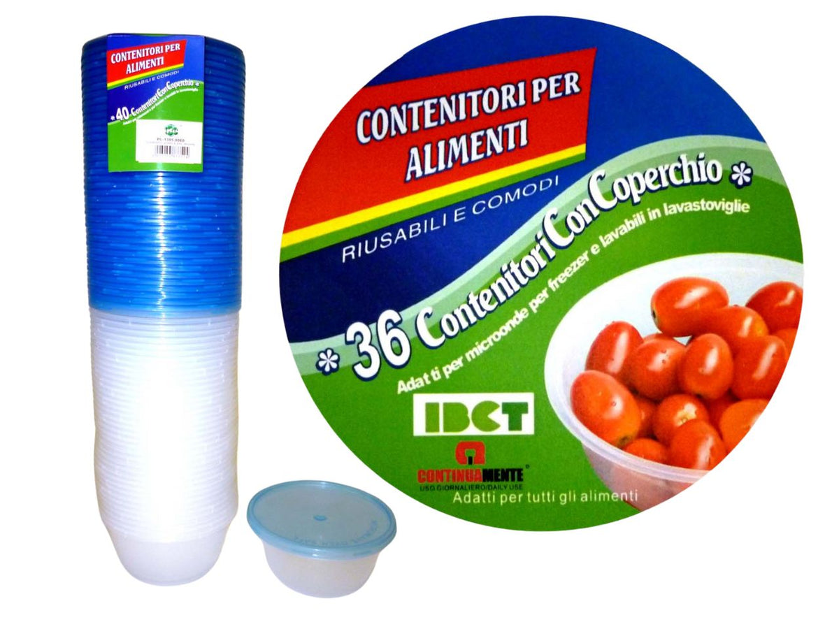 Contenitori tondi con coperchio 200 ml plastica trasparente e blu à 10 cm, confezione da 36 pezzi - IBCT