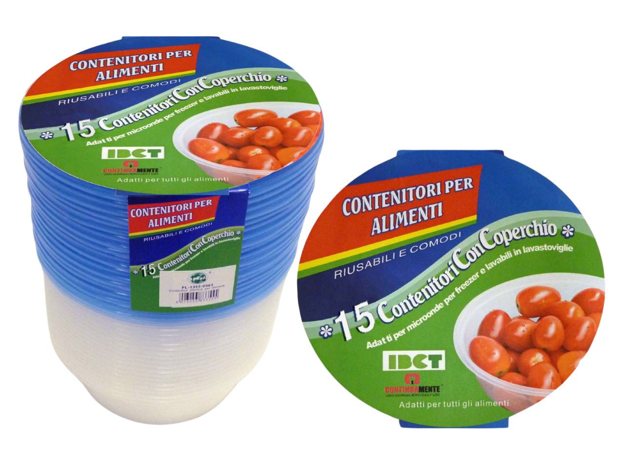 Contenitori tondi con coperchio 625 ml plastica trasparente e blu à 15x5.5 cm, confezione da 15 pezzi - IBCT