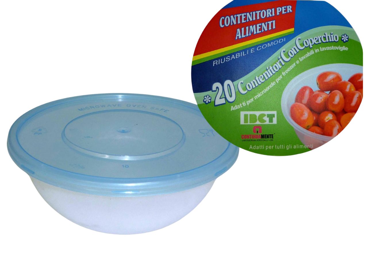 Contenitori tondi con coperchio 655 ml plastica trasparente e blu à 15x6.5 cm, confezione da 20 pezzi - IBCT