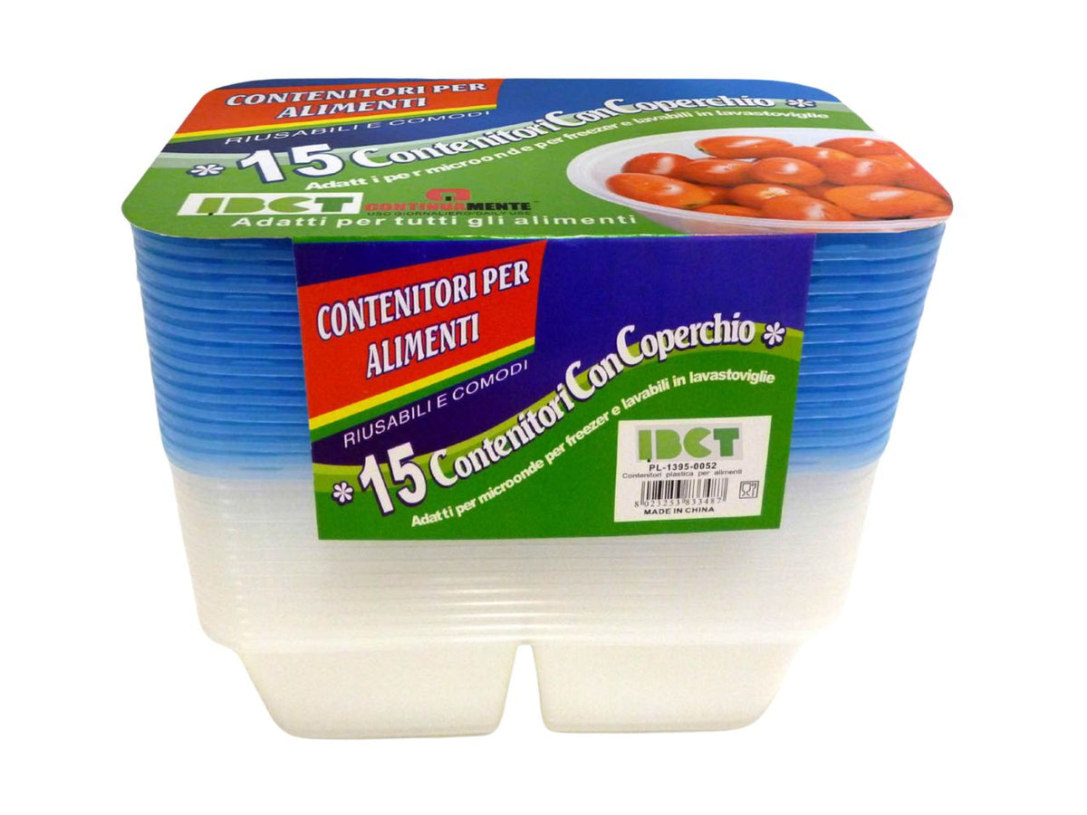 Contenitori rettangolare con coperchio 650 ml plastica trasparente e blu 17,5x12,5 cm, confezione da 15 pezzi, doppio scomparto - IBCT