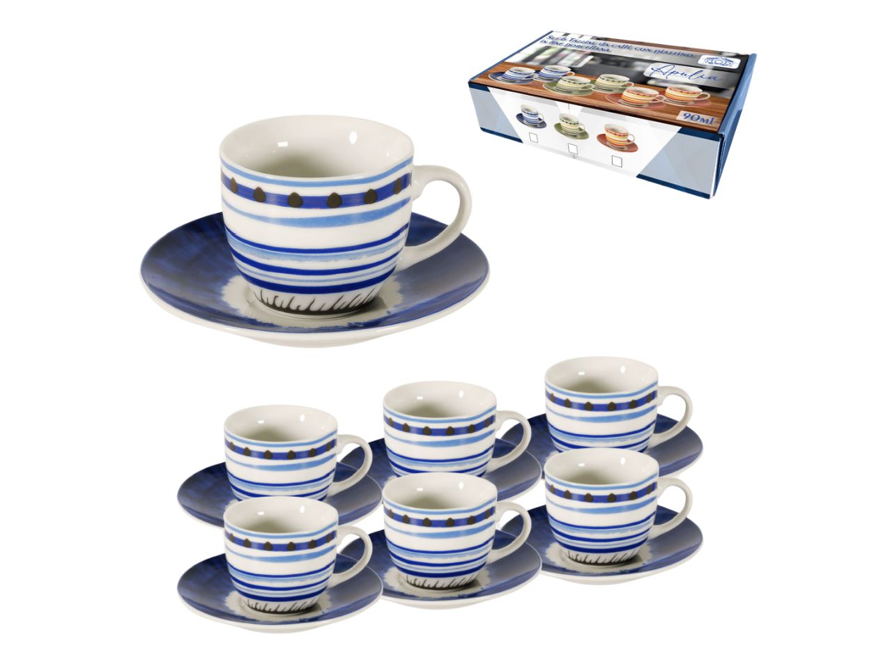 Tazzine da caffe stile mediterraneo in porcellana blu 90 ml, set da 6 tazze e 6 piattini, Linea Apulia - Maison TortorÃ