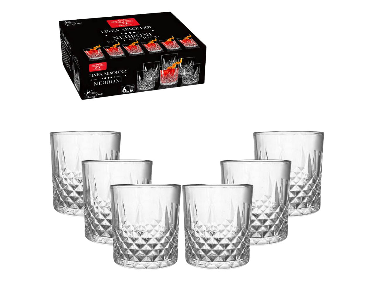 Bicchieri Negroni in vetro 330 ml trasparenti stile classico set da 6 bicchieri, Diamond, linea Old Fashioned - Maison TortorÃ