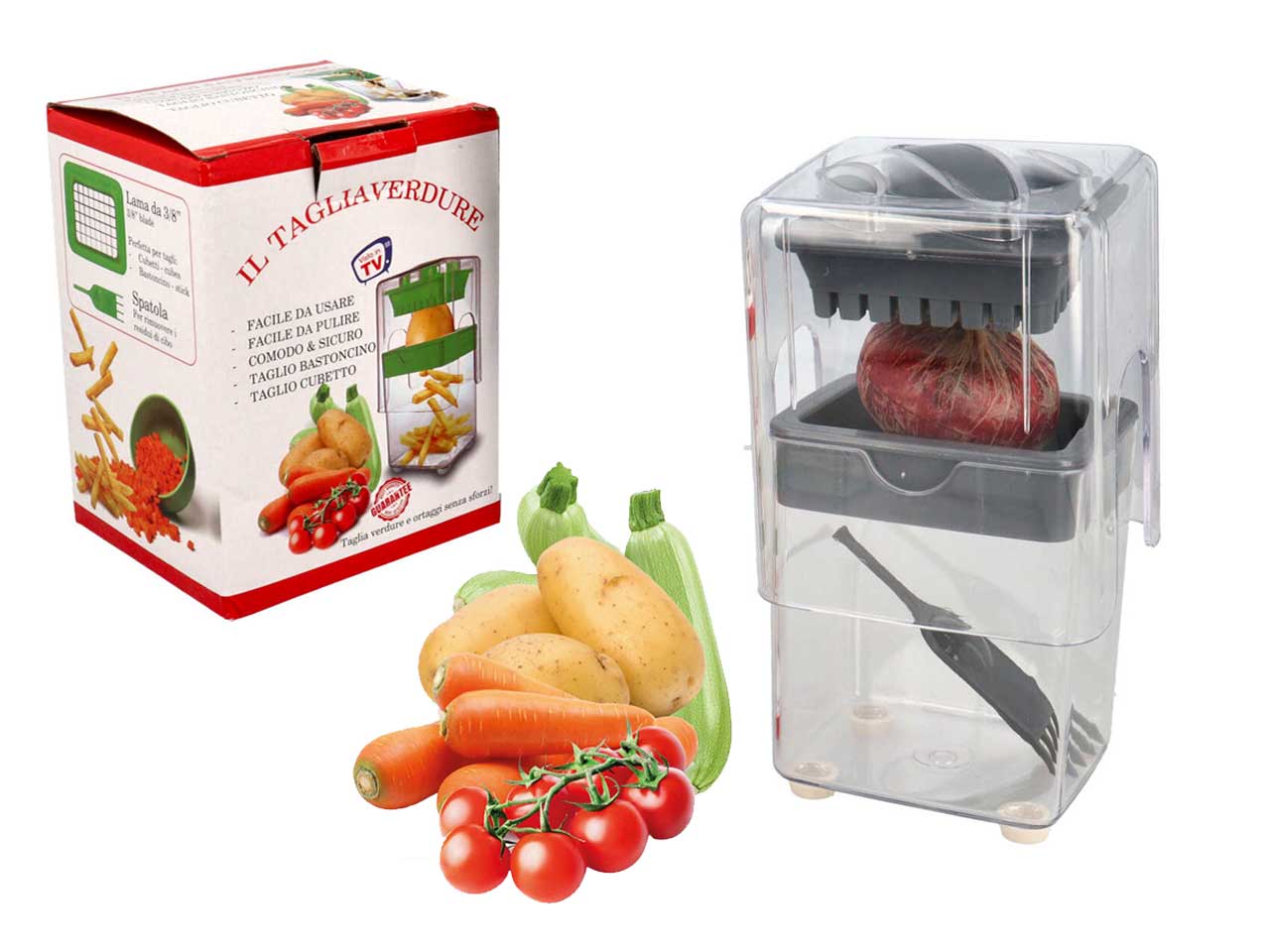 Affettatrice multiuso in plastica grigio con pressa, lama, contenitore e spatola 11,5x9x15 cm - Arca