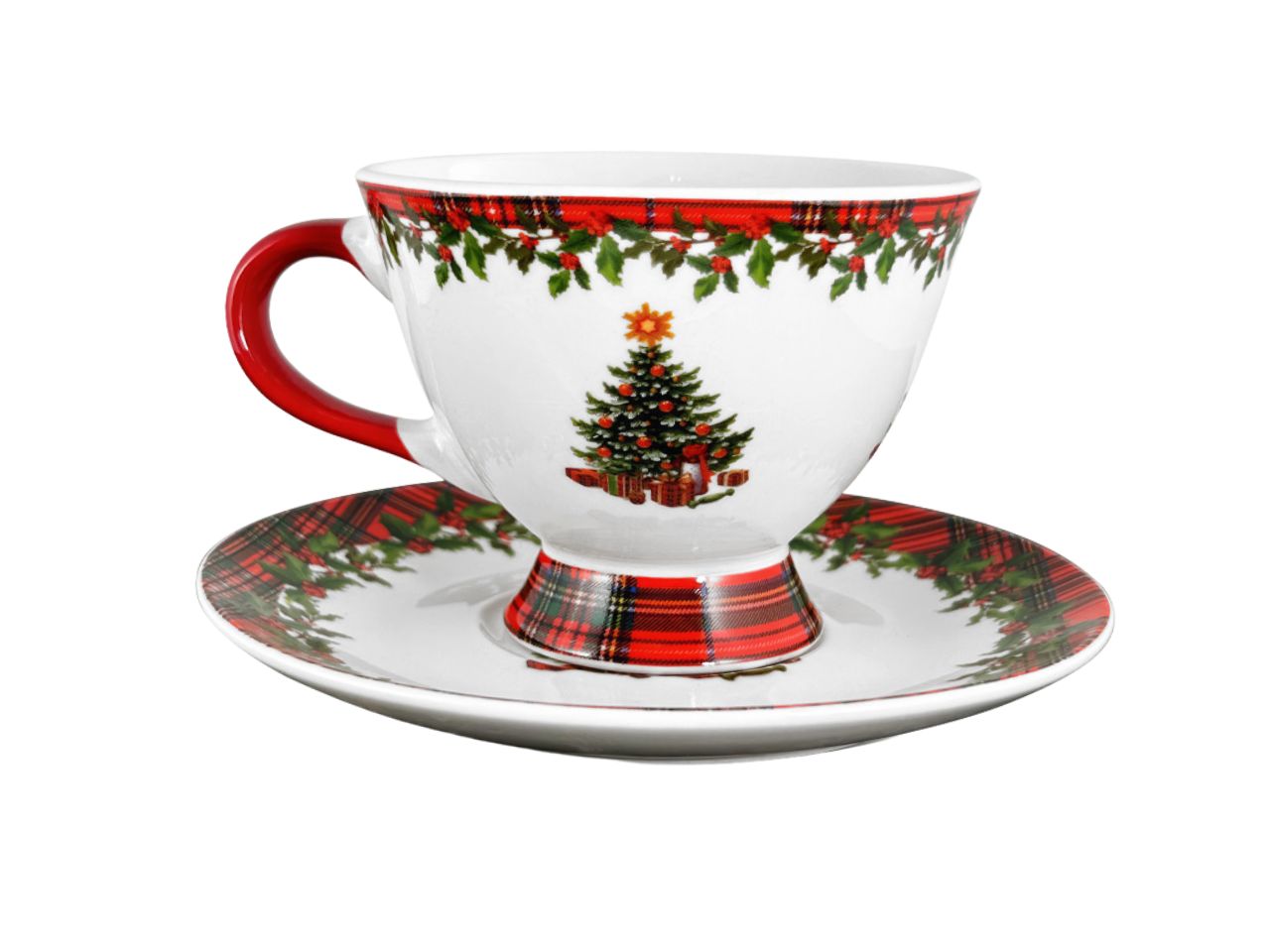 Tazza caffè natalizia in ceramica tartan con piattino - Arca