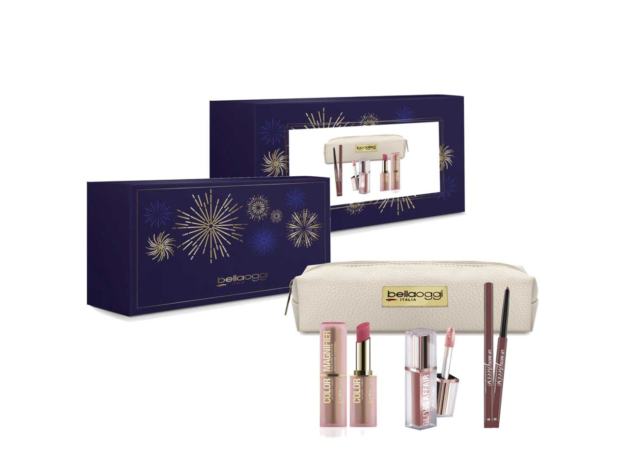 Bellaoggi coffret color magnifier colore 04 +Â gloss affair colore 00 + lip matic precise colore 02 + pochette, Genere: donna | Bellaoggi