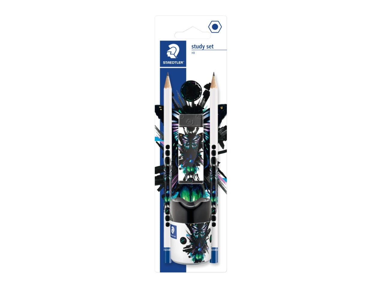 Set scuola di due matite HB, gomma nera, temperamatite 130 SBK2E1, nero e bianco - Staedtler
