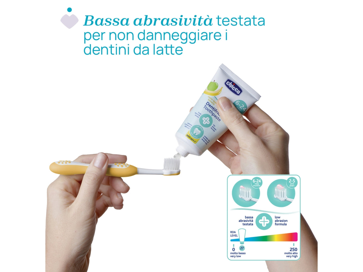 Dentifricio Oral Care Chicco, gusto mela banana per uso quotidiano, 6-24m