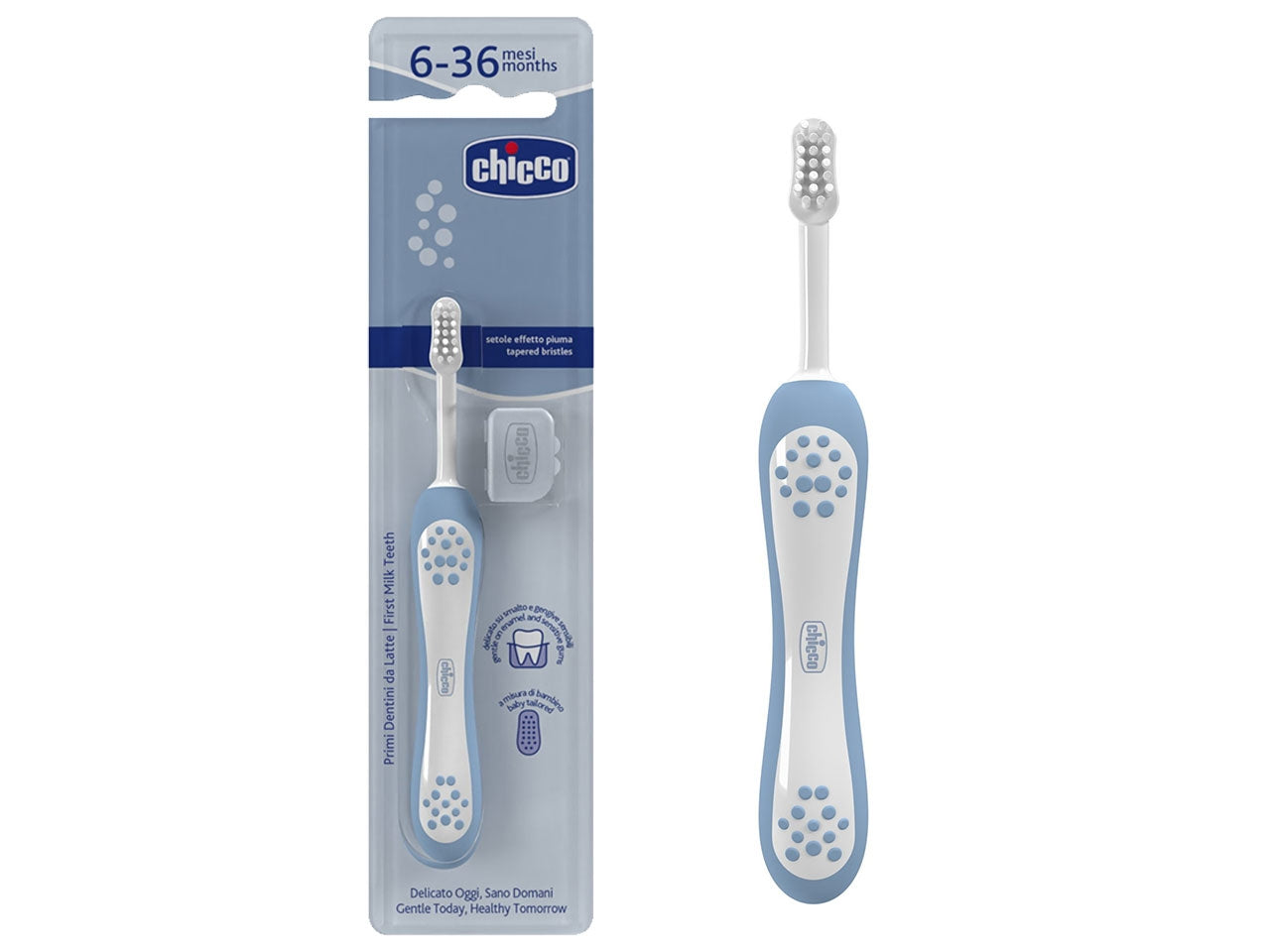 Spazzolino primi denti Oral Care Chicco con setole ultra morbide e impugnatura ergonomica azzurro, 6-36 mesi