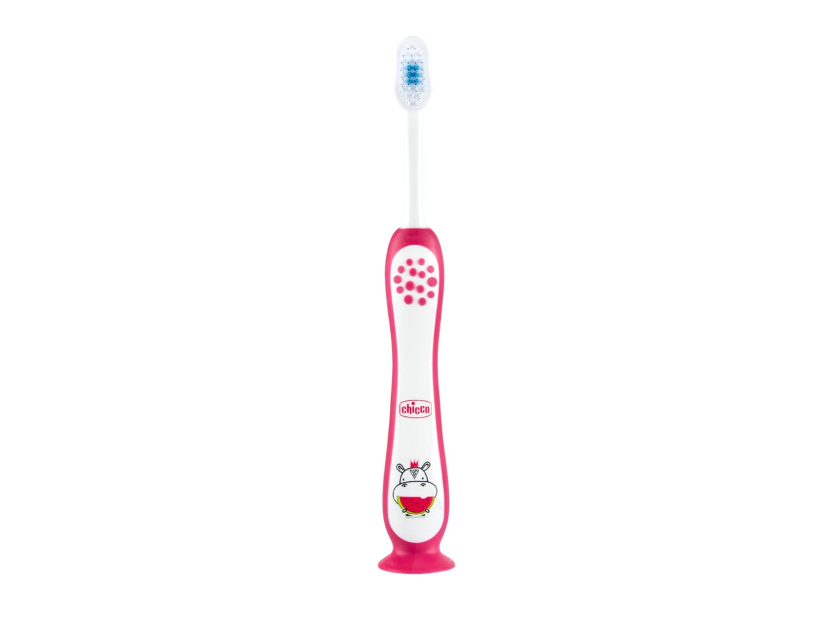 Spazzolino Hippo Oral Care Chicco con setole ultra sottili e impugnatura ergonomica rosa, 3-6 anni