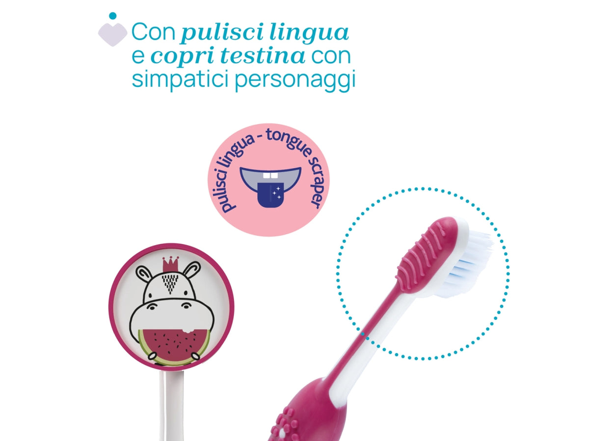 Spazzolino Hippo Oral Care Chicco con setole ultra sottili e impugnatura ergonomica rosa, 3-6 anni