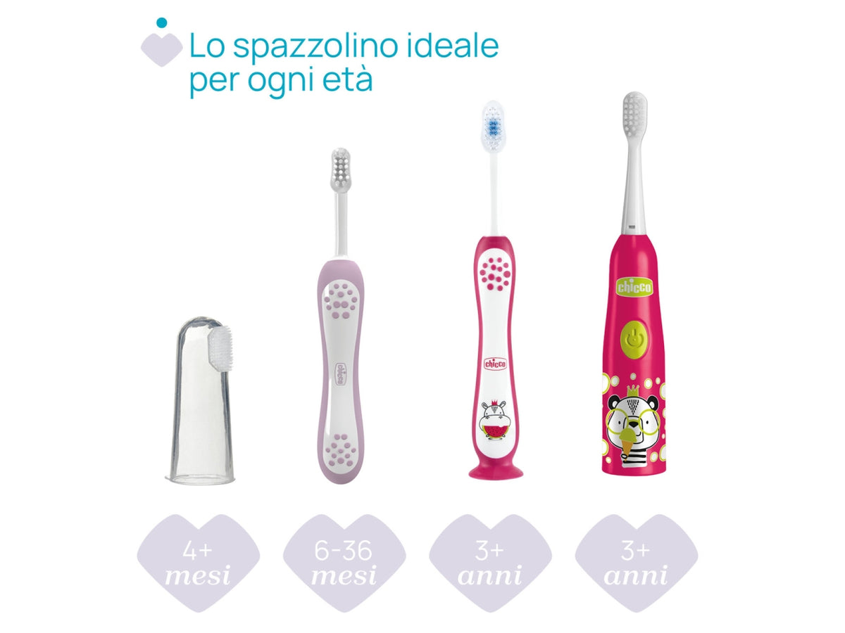 Spazzolino Hippo Oral Care Chicco con setole ultra sottili e impugnatura ergonomica rosa, 3-6 anni