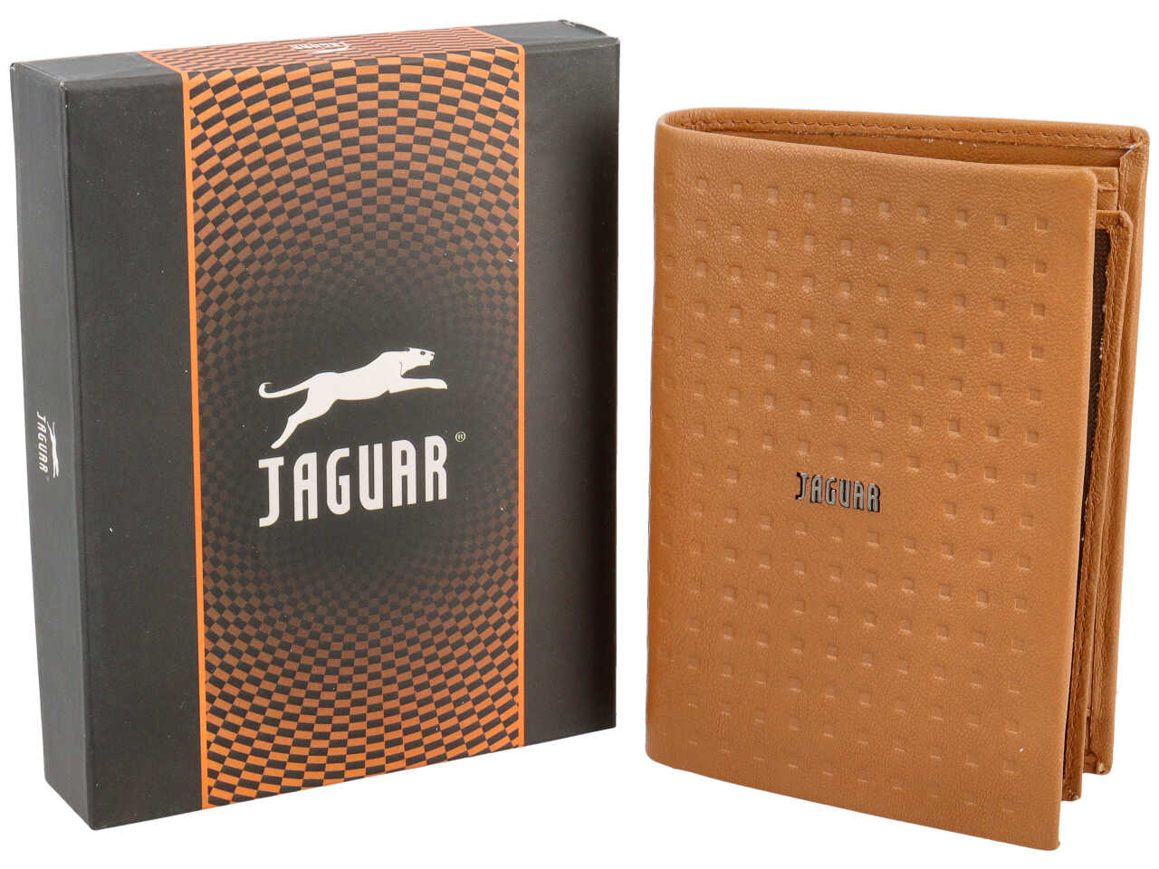 Portafoglio da uomo in pelle ocra con motivo a quadri, chiusura a libro, 9,5x13 cm - Jaguar
