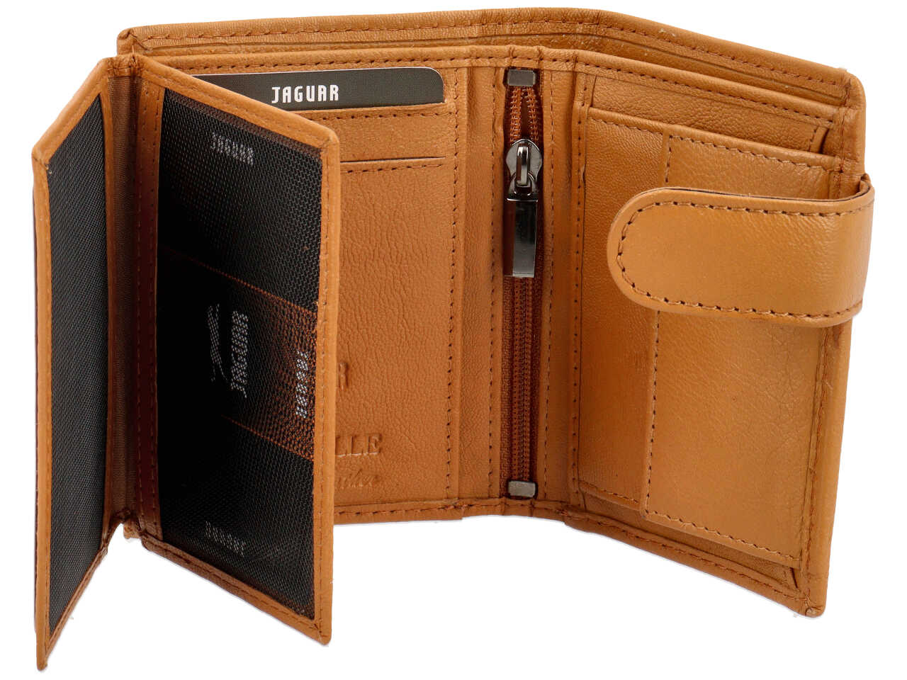 Portafoglio da uomo in pelle stampata ocra, scomparti per carte, e portamonete con chiusura a bottoncino, 8x10 cm - Jaguar