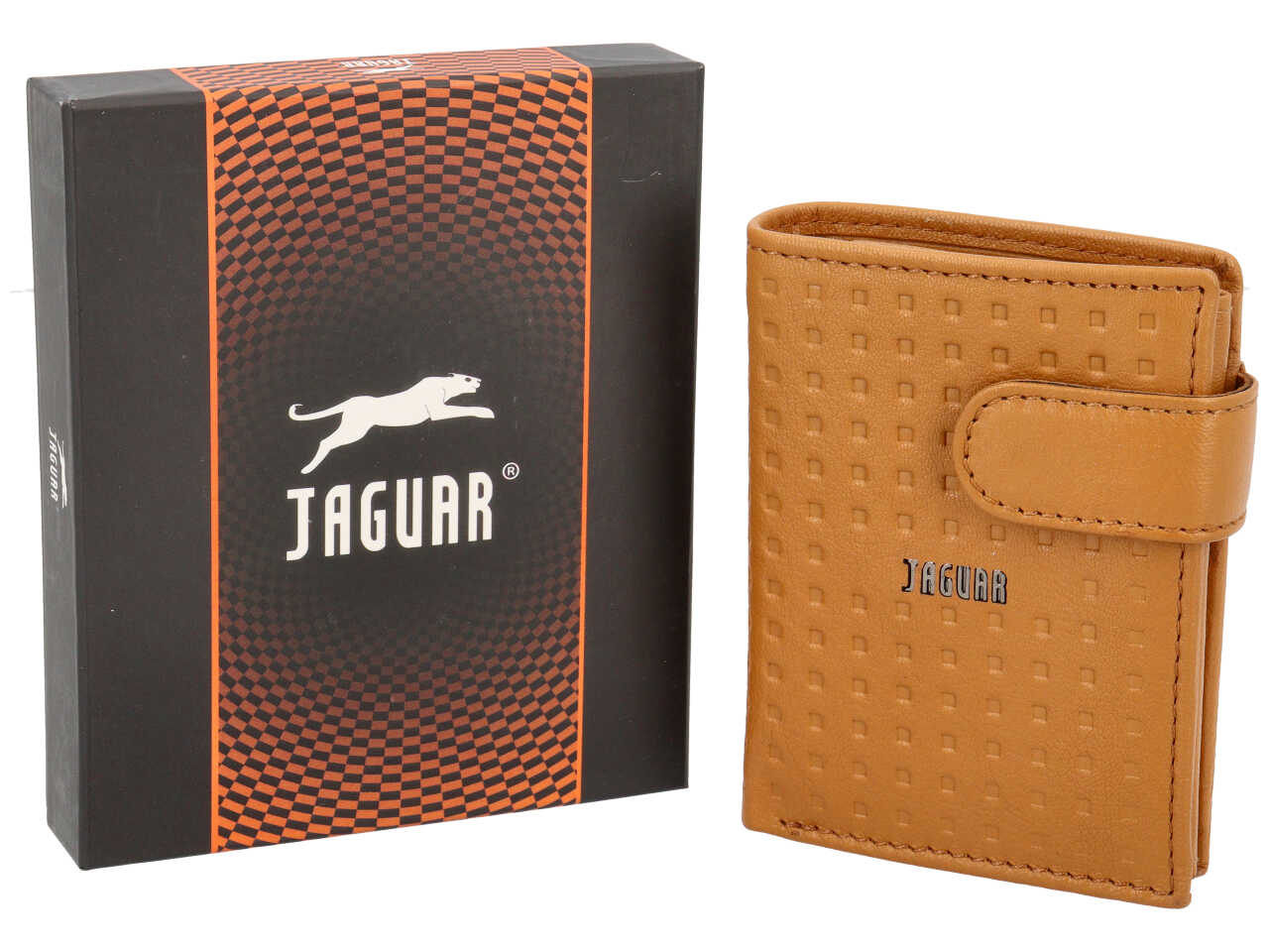 Portafoglio da uomo in pelle stampata ocra, scomparti per carte, e portamonete con chiusura a bottoncino, 8x10 cm - Jaguar
