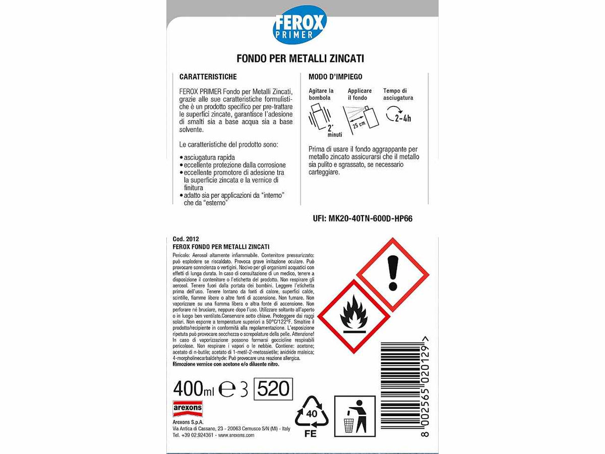 Ferox fondo aggr.per lamiere zinc.400ml 2012
