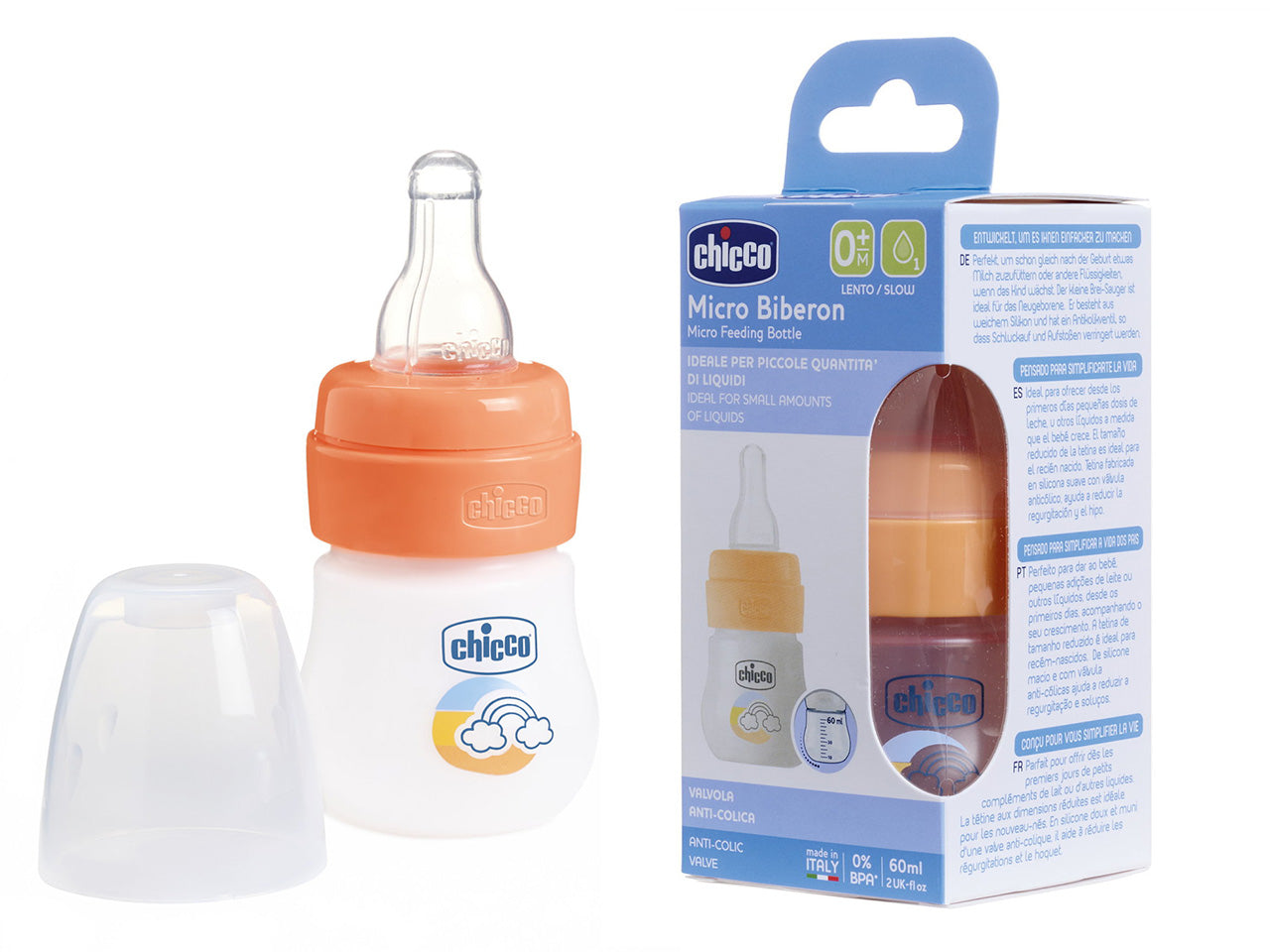 Chicco Microbiberon Graduato da 60 ml per Piccole Quantità di Latte con Tettarella in Silicone Arancione
