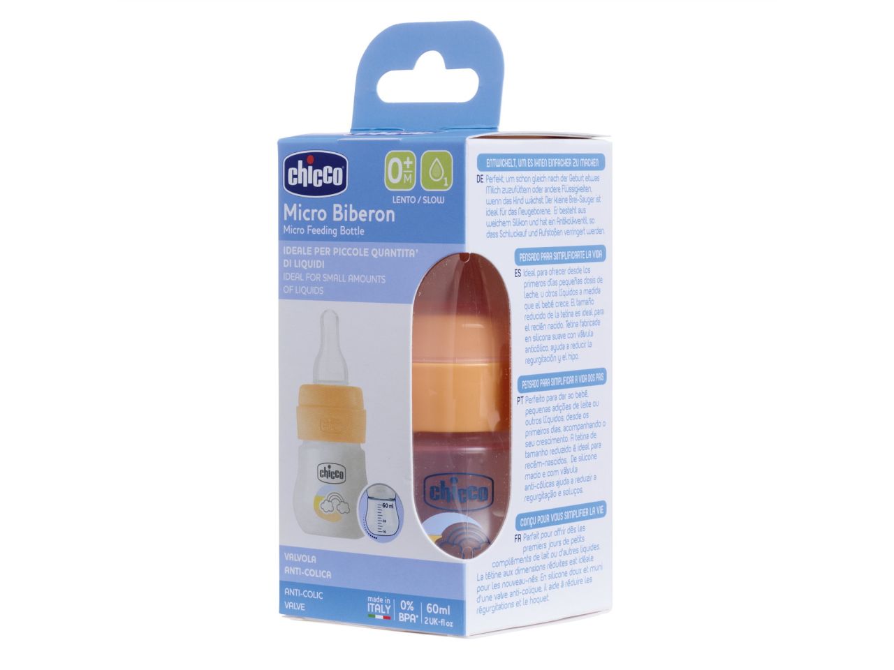Chicco Microbiberon Graduato da 60 ml per Piccole Quantità di Latte con Tettarella in Silicone Arancione