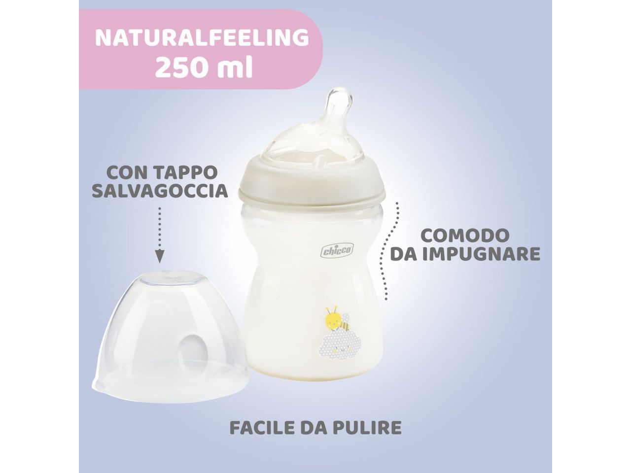 Chicco Natural Feeling Biberon Anticolica 2 Mesi+ da 250 ml con Tettarella in Silicone Neutro