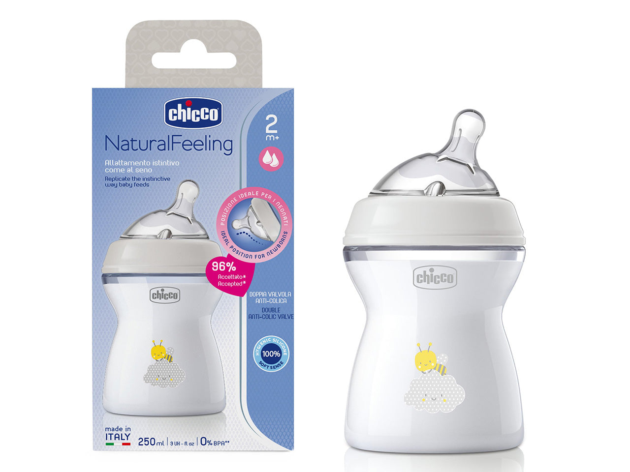 Chicco Natural Feeling Biberon Anticolica 2 Mesi+ da 250 ml con Tettarella in Silicone Neutro