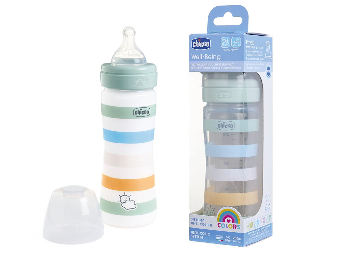 Chicco Biberon Benessere Flusso Medio con Tettarella Physio in Silicone 250 ml 2 Mesi+