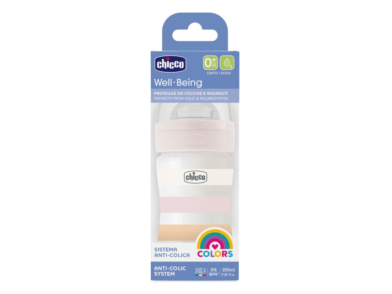 Chicco Biberon Benessere Flusso Lento Bianco con Tettarella Physio in Silicone 150 ml 0 Mesi+