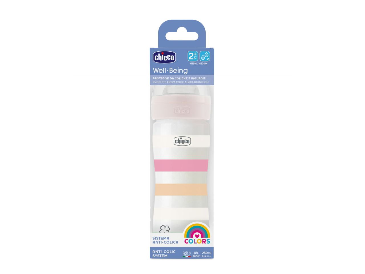 Chicco Biberon Benessere Flusso Rapido Bianco con Tettarella Physio in Silicone 250 ml 2 Mesi+