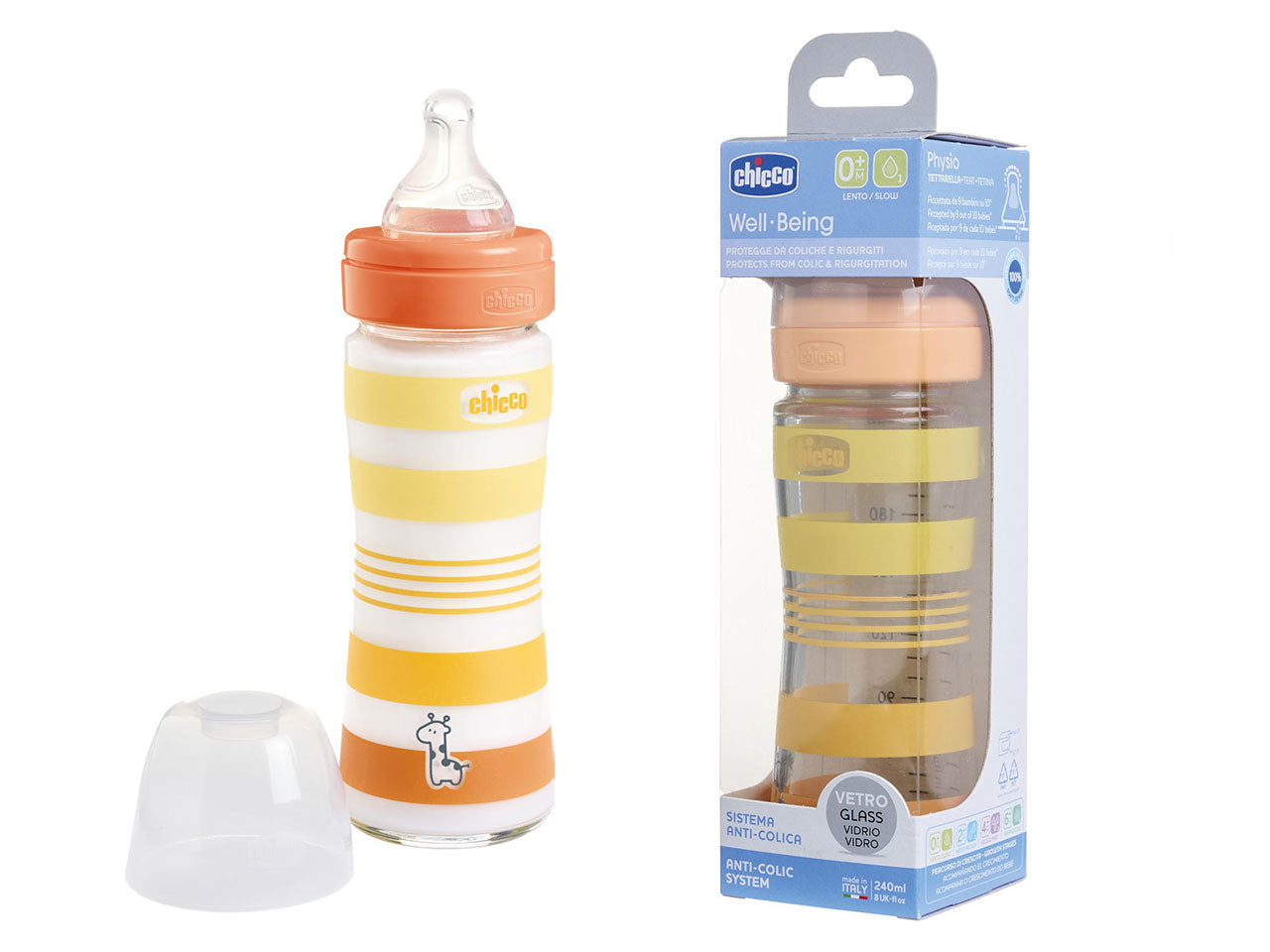Biberon benessere 240ml flusso lento in vetro arancione