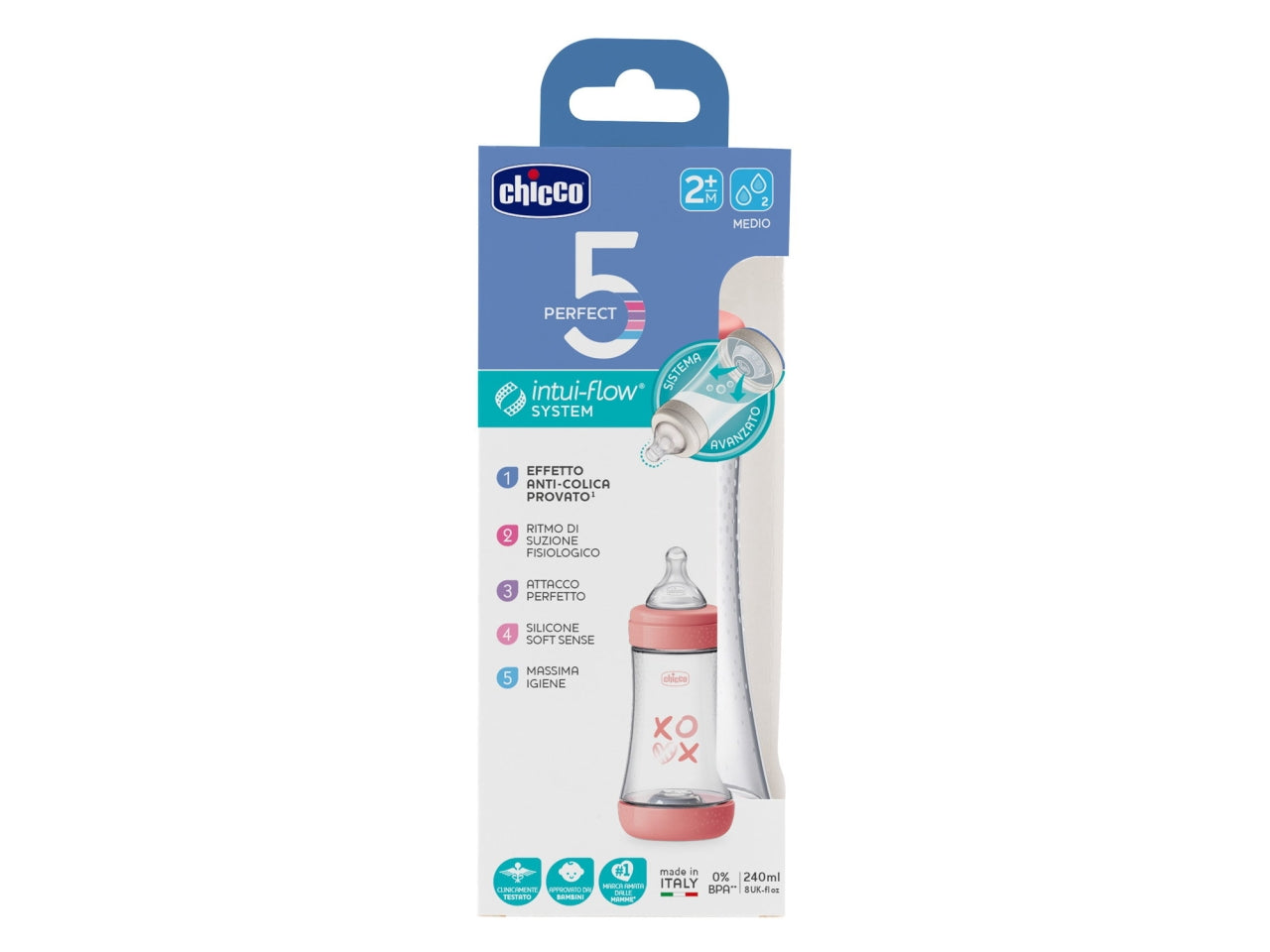 Biberon perfect5 rosa 240ml in silicone 2 fori flusso medio
