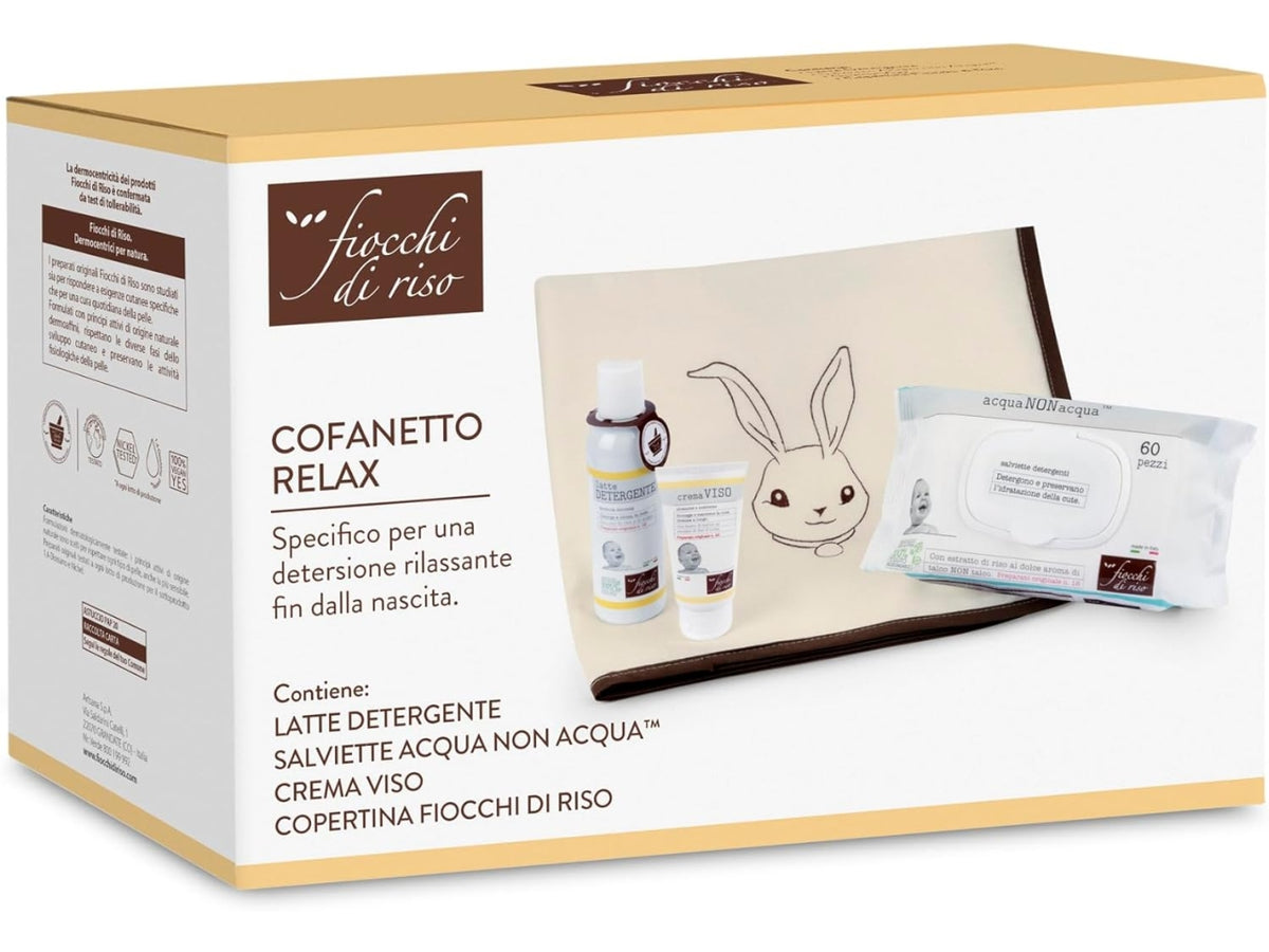 Cofanetto relax Fiocchi di Riso latte detergente, crema viso, salviette e copertina | Chicco