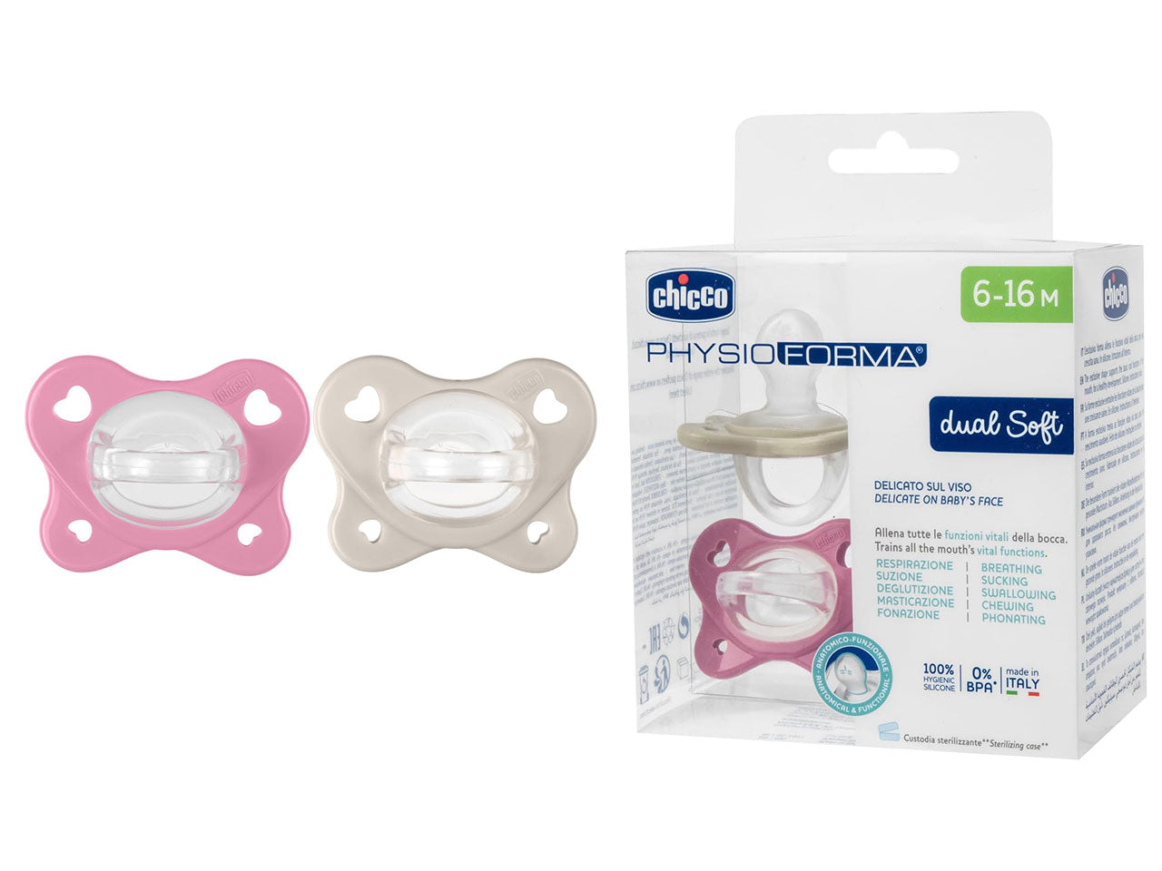 Gommotto ph dual soft rosa 6-16 mesi - confezione da 2 ciuccetti | Chicco