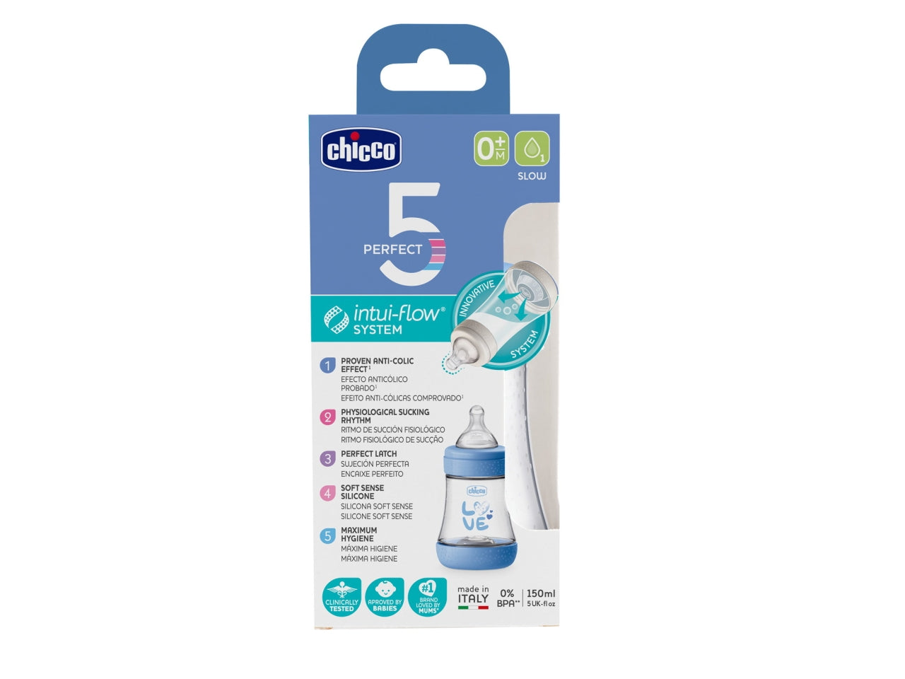 Biberon perfect 5 boy 150 lento silicone, Adatto per 0+ mesi | Chicco