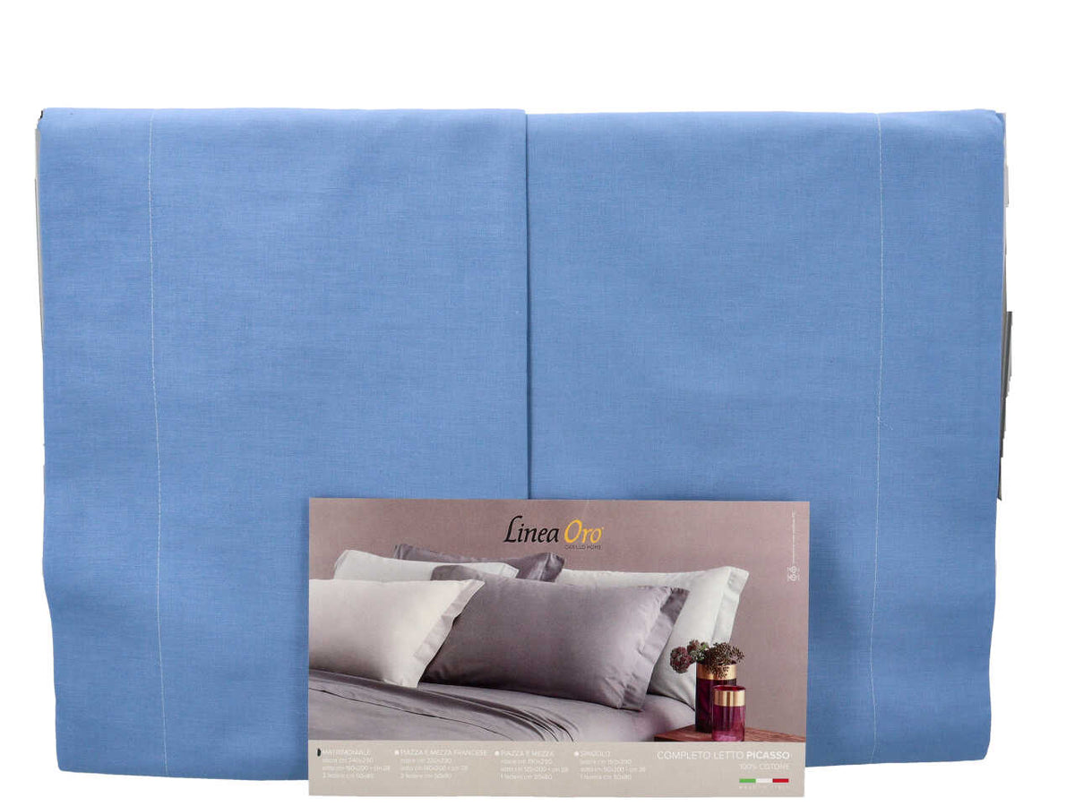 Set Completo Lenzuola Matrimoniale Picasso, colore Avio, Puro Cotone, Linea Oro Carillo Home
