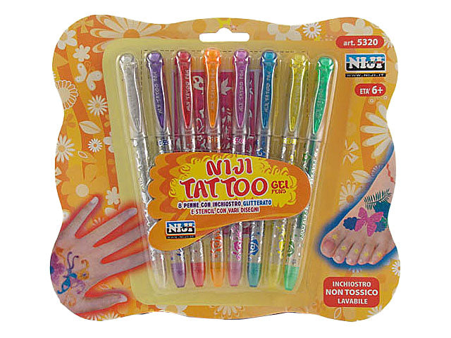 Penna "tatoo" lebez niji con inchiostro glitterato e stencil assortiti m