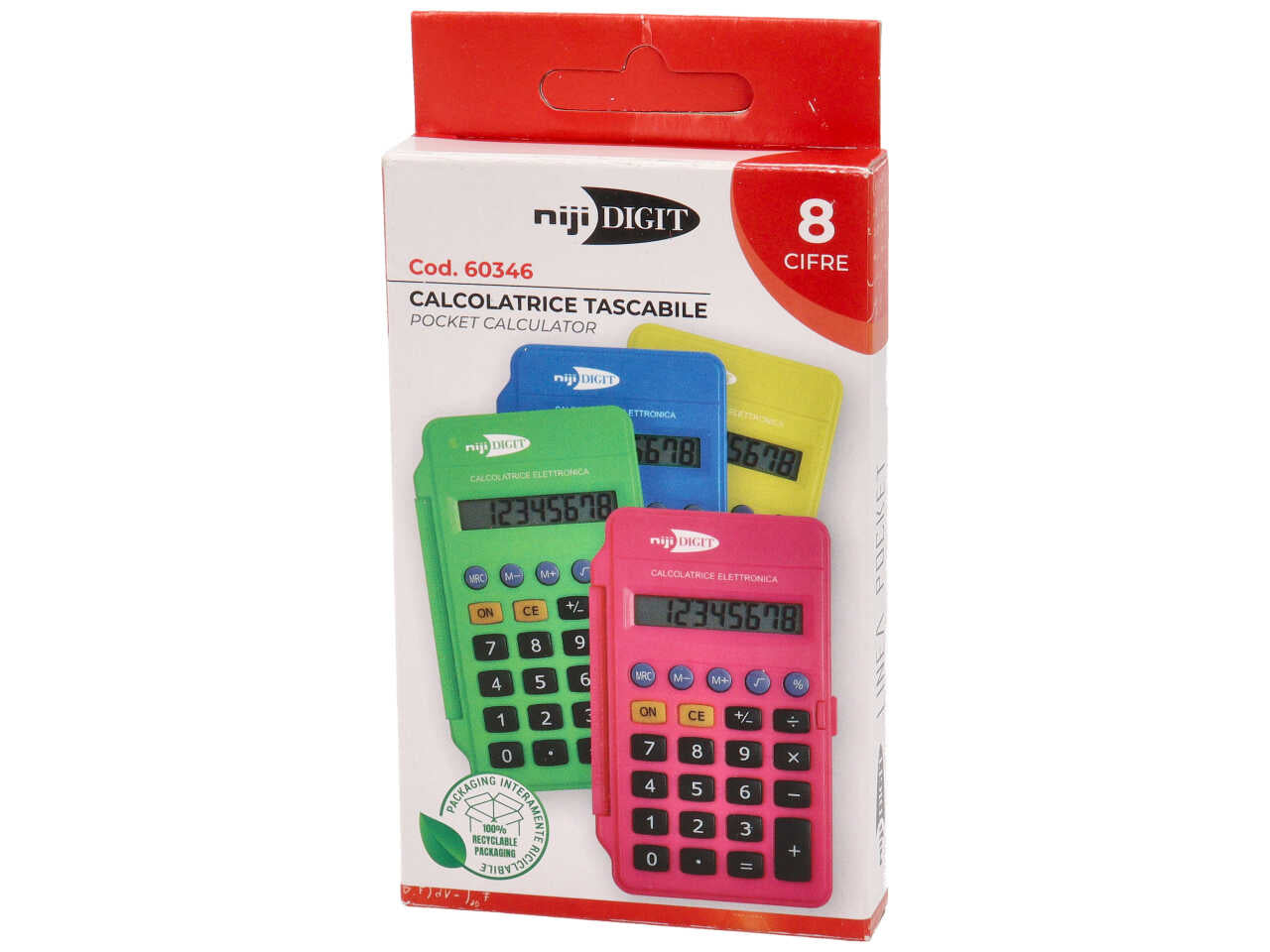 Calcolatrice 8 cifre fluo tascabile in 4 colori fluo con sportellino, a batteria 6,5x10,5 cm - Niji Digit
