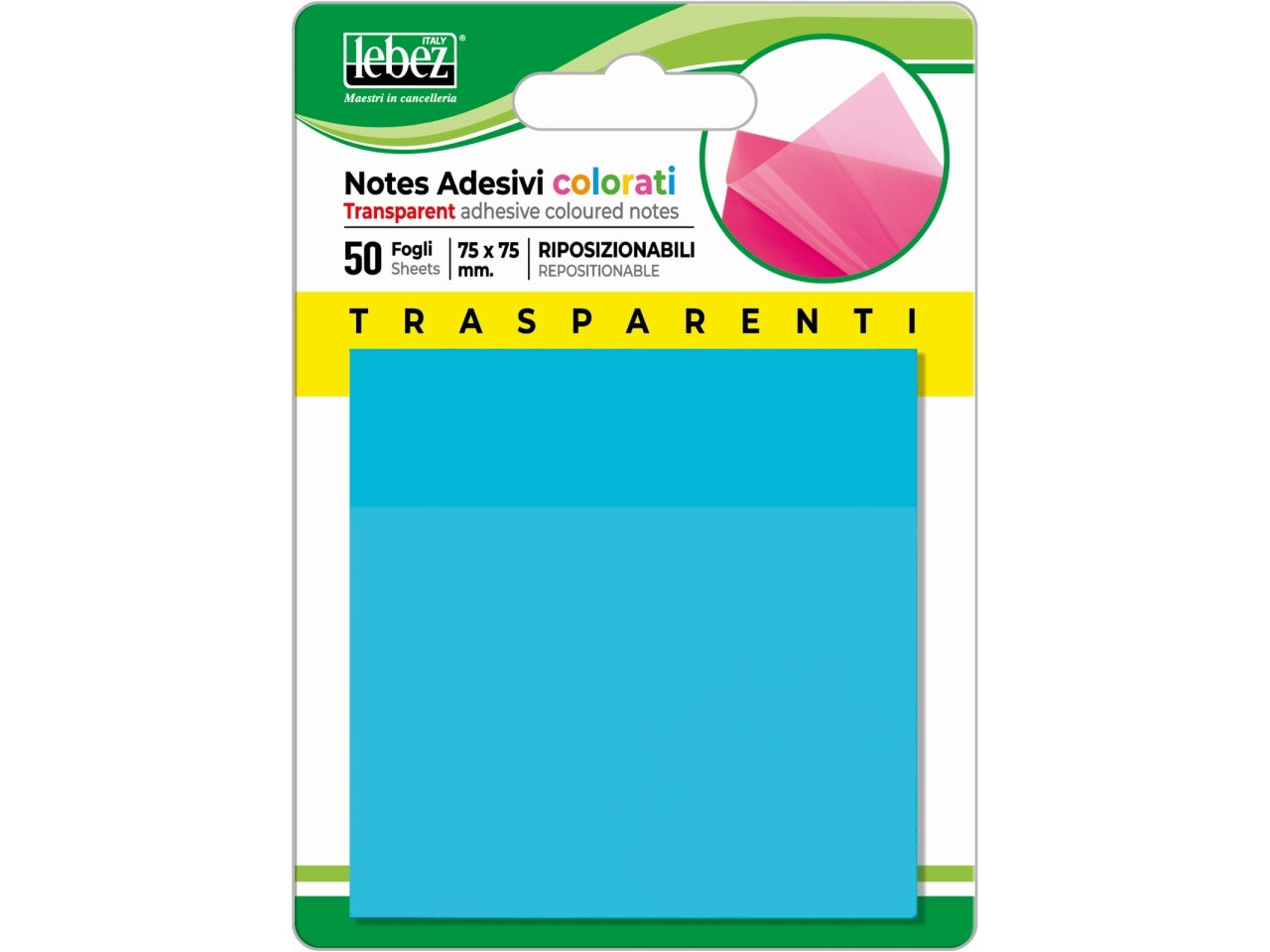Notes adesivi trasparenti colorati 75x75mm riposizionabili - blocchetto da 50 fogli notes