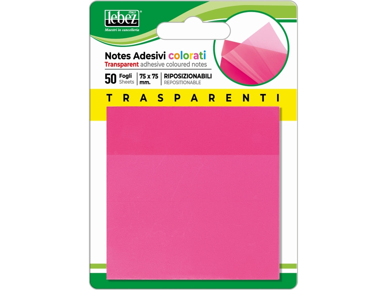 Notes adesivi trasparenti colorati 75x75mm riposizionabili - blocchetto da 50 fogli notes