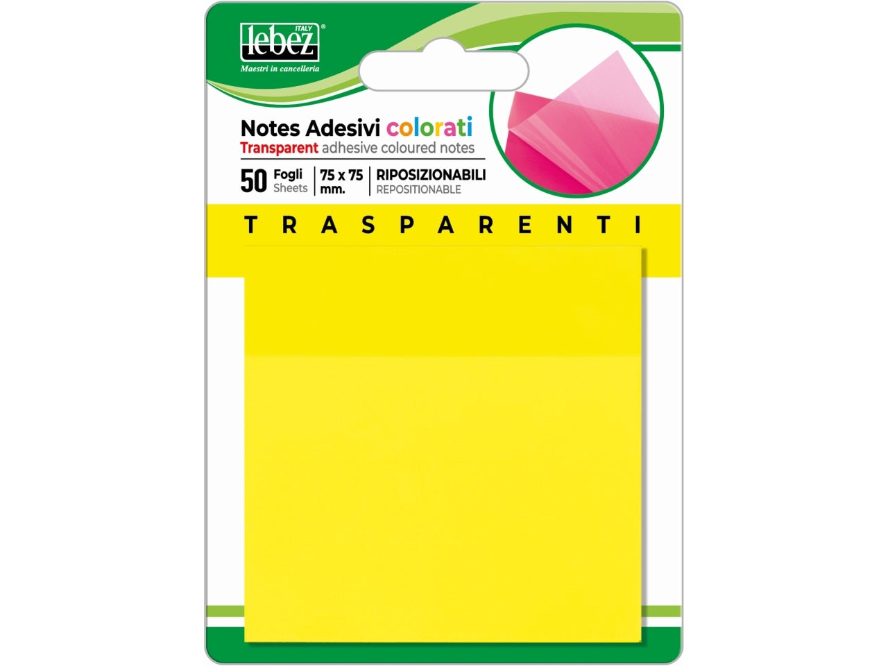 Notes adesivi trasparenti colorati 75x75mm riposizionabili - blocchetto da 50 fogli notes