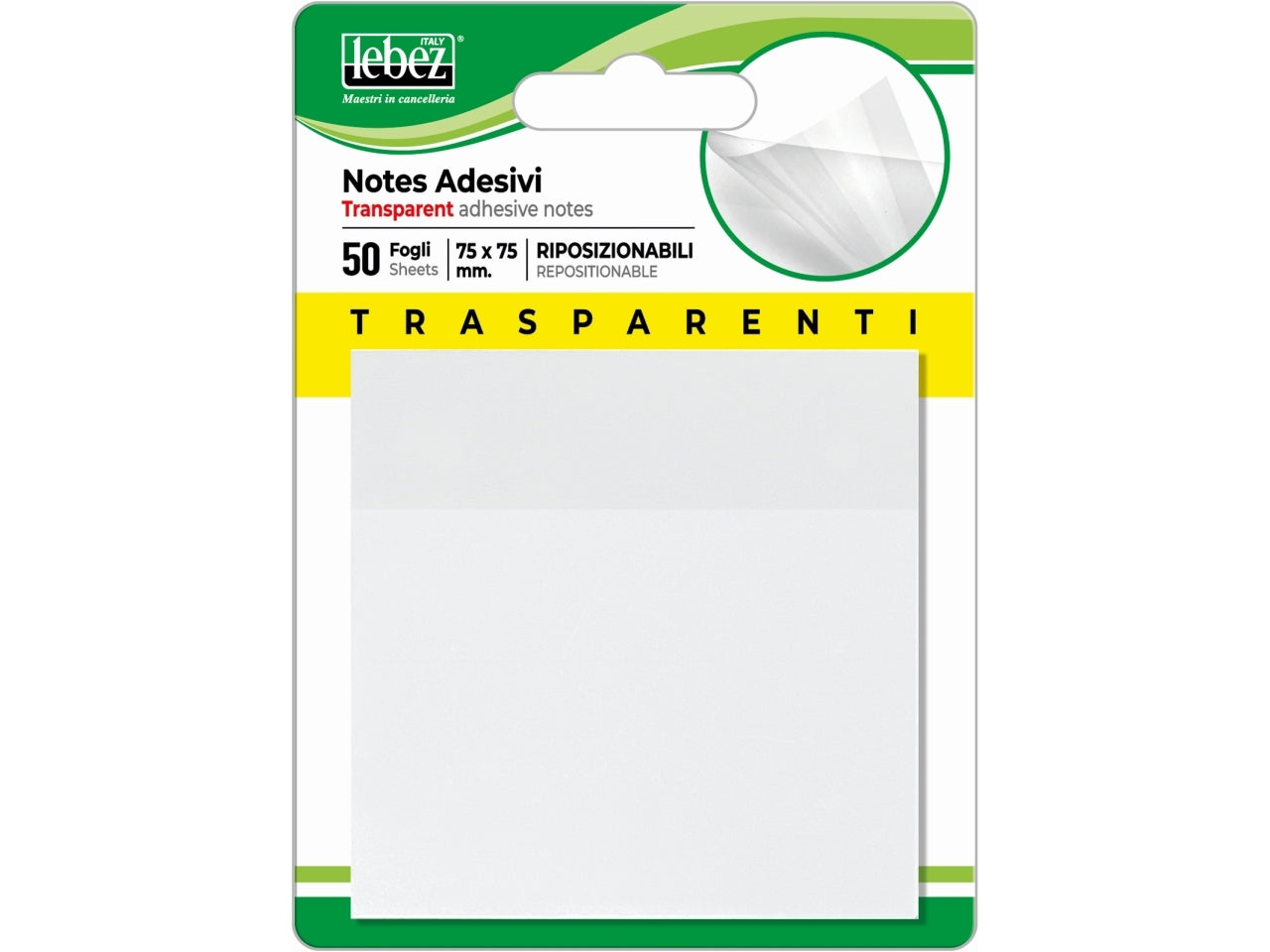 Notes adesivi trasparenti colorati 75x75mm riposizionabili - blocchetto da 50 fogli notes